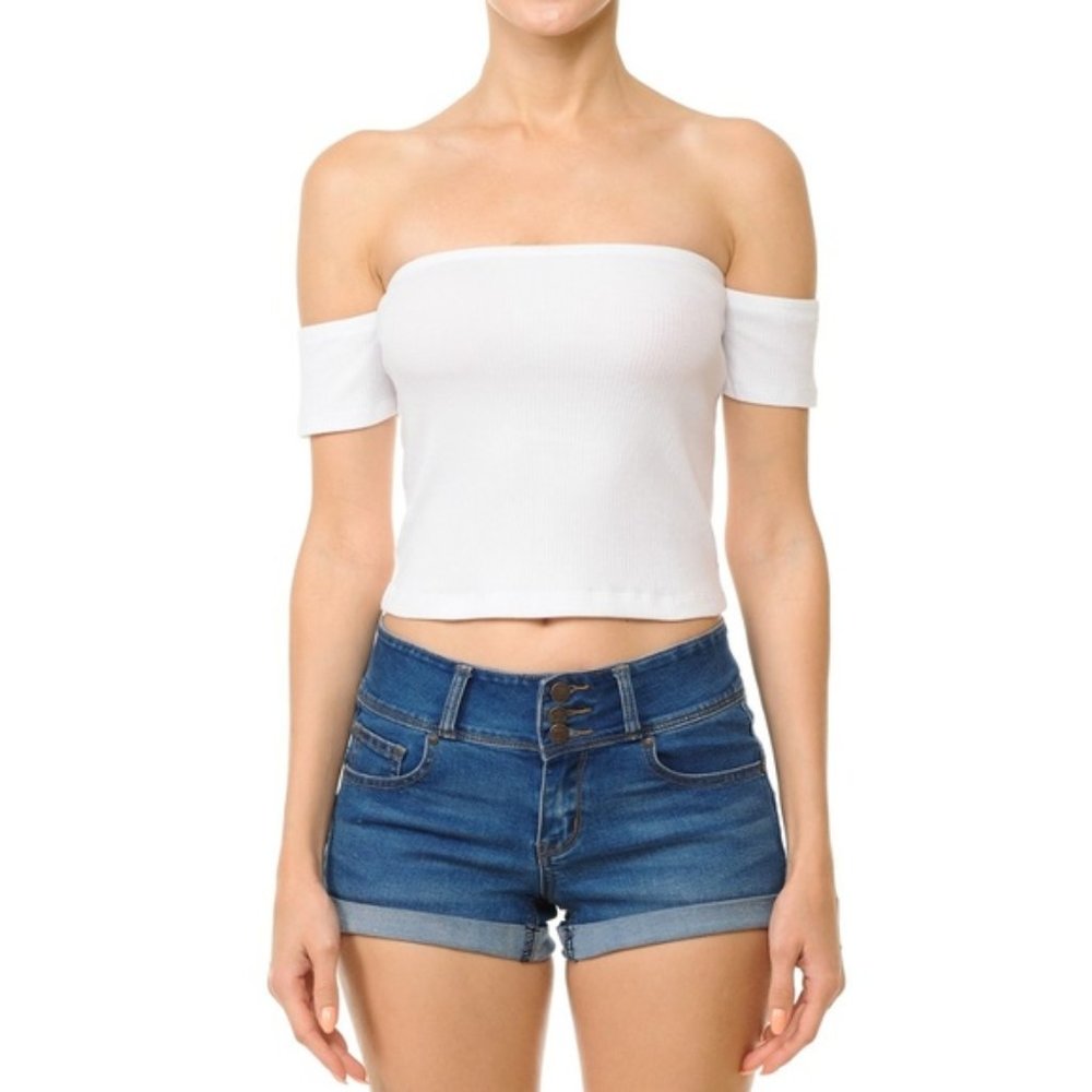 White ribbed off the shoulder crop top